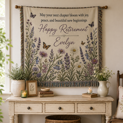 Personalized retirement floral woven blanket displayed as wall decor