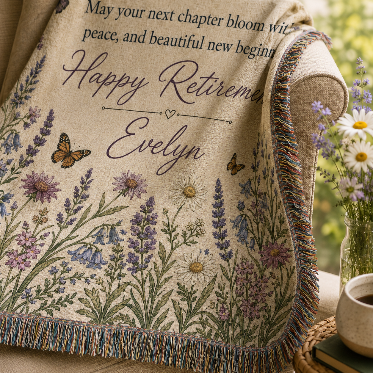 Close-up of personalized retirement floral woven blanket texture and fringe