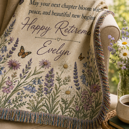Close-up of personalized retirement floral woven blanket texture and fringe