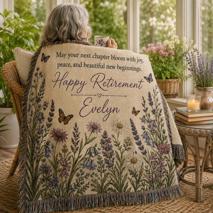 Personalized retirement floral woven blanket wrapped around a woman reading by a window