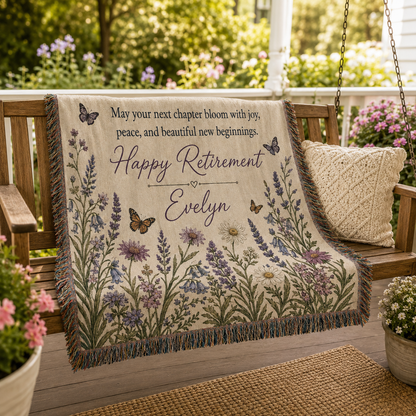 Personalized retirement floral woven blanket on a garden porch swing