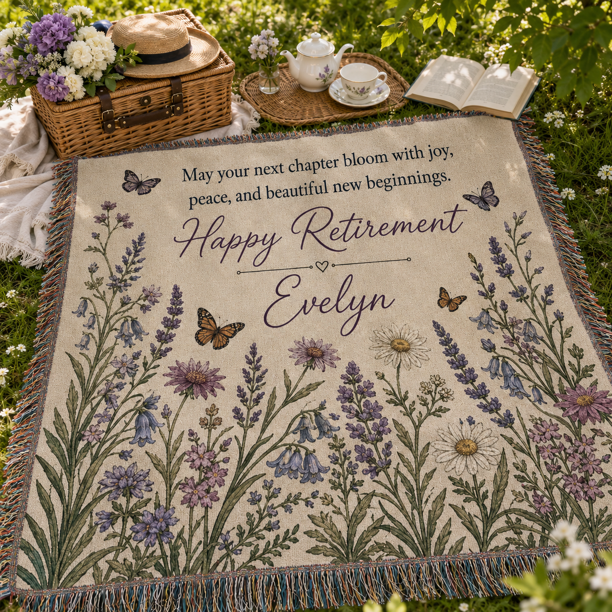 Personalized retirement floral woven blanket used as a picnic blanket