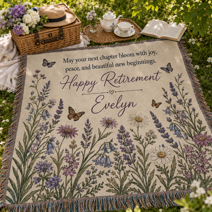 Personalized retirement floral woven blanket used as a picnic blanket