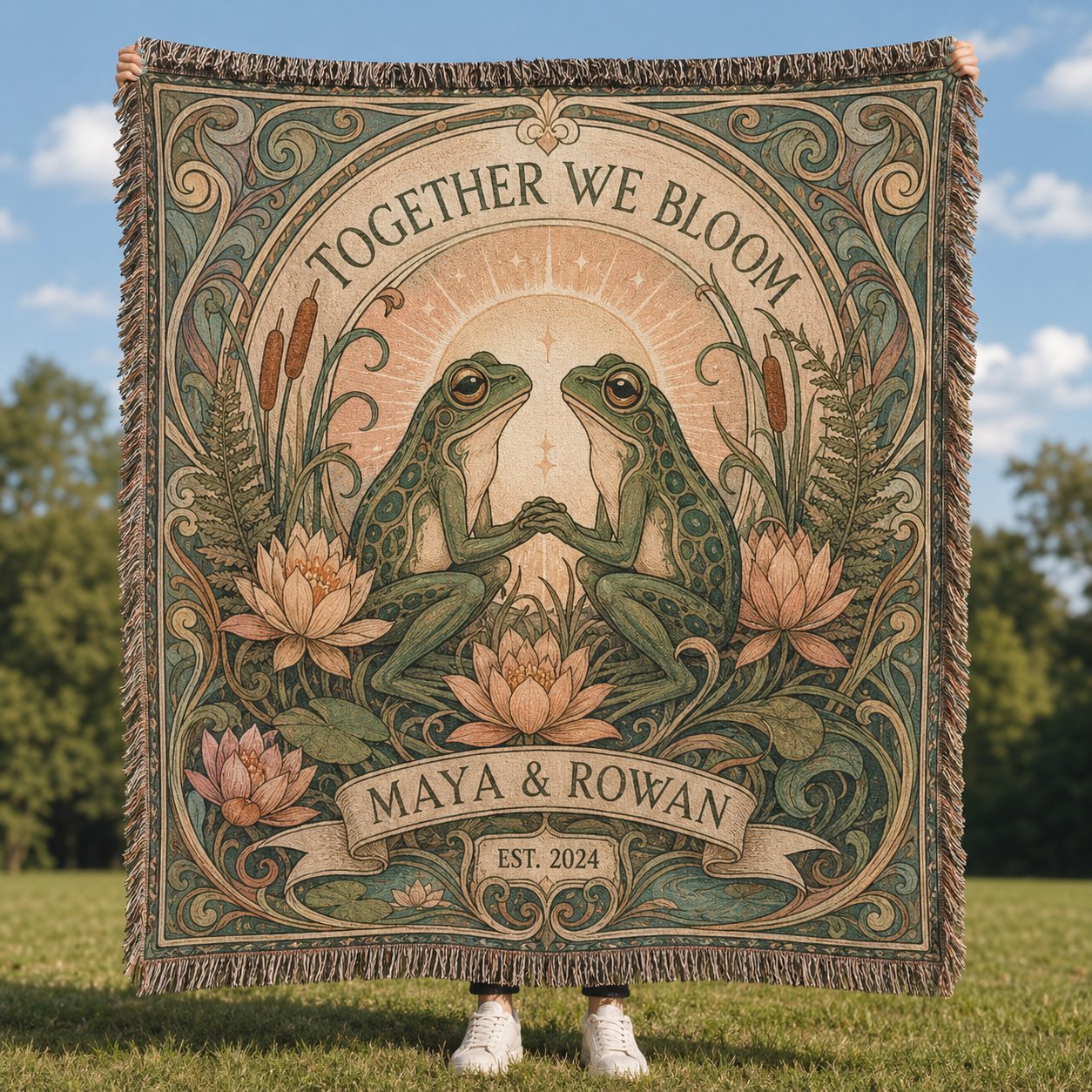 Personalized Together We Bloom frog woven blanket with custom couple names and established year