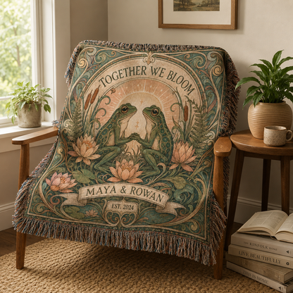 Personalized Together We Bloom frog woven blanket styled in a warm reading nook