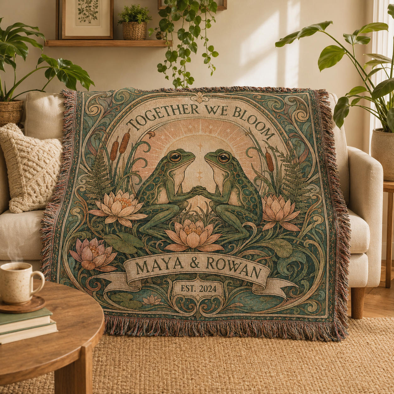 Personalized frog couple woven blanket styled on a cream sofa in a botanical living room