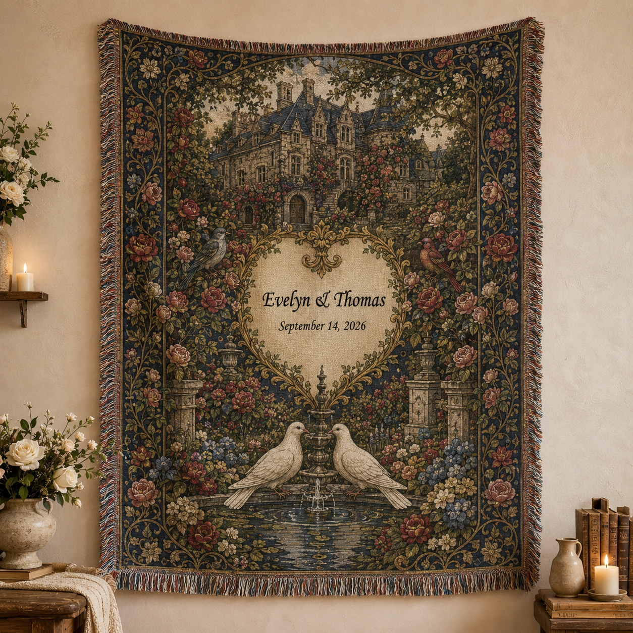 Personalized vintage manor wedding woven blanket with couple names and date