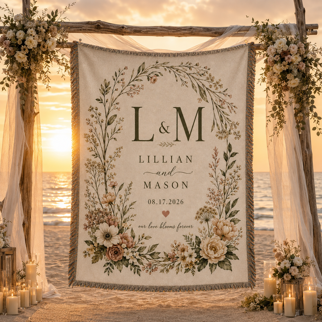 Personalized wedding woven blanket displayed at a romantic beach ceremony at sunset
