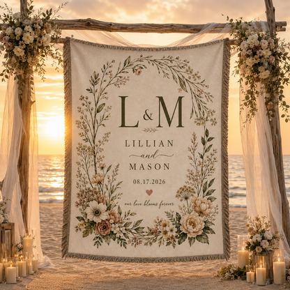 Personalized wedding woven blanket displayed at a romantic beach ceremony at sunset