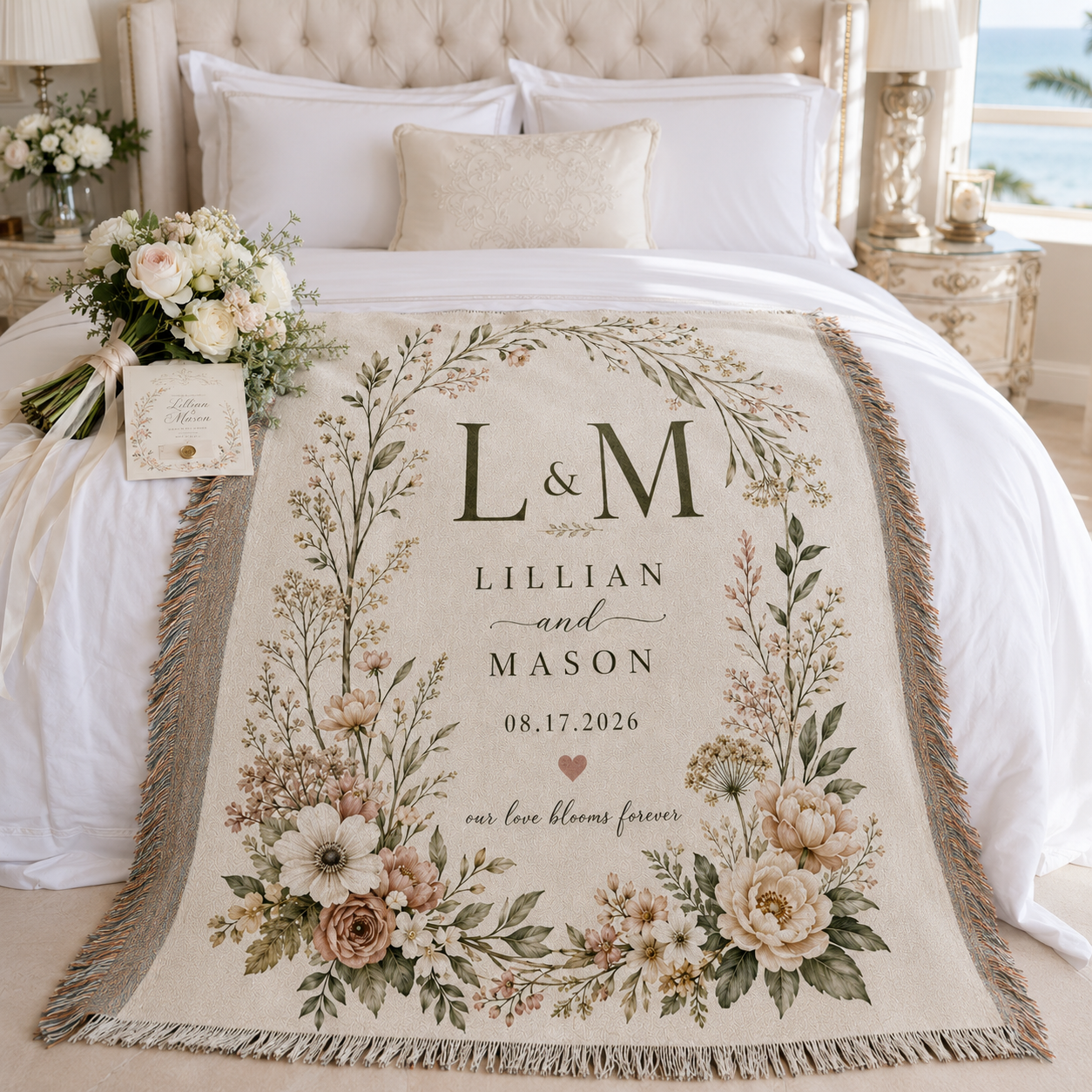 Personalized botanical wedding woven blanket styled in a bright romantic bedroom