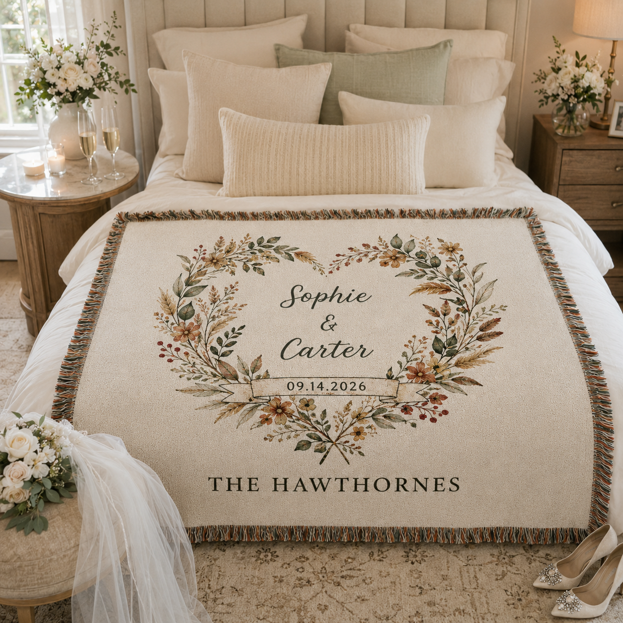 Personalized woven wedding blanket styled in a romantic bridal suite