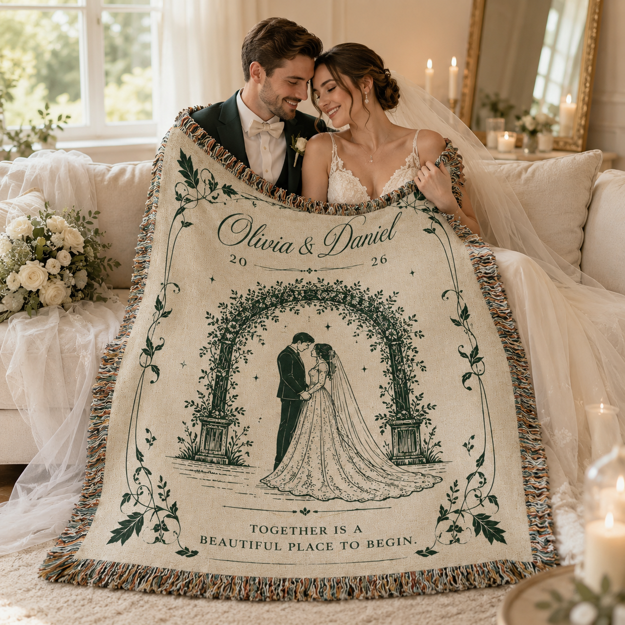 Newlywed couple wrapped in a personalized wedding woven blanket