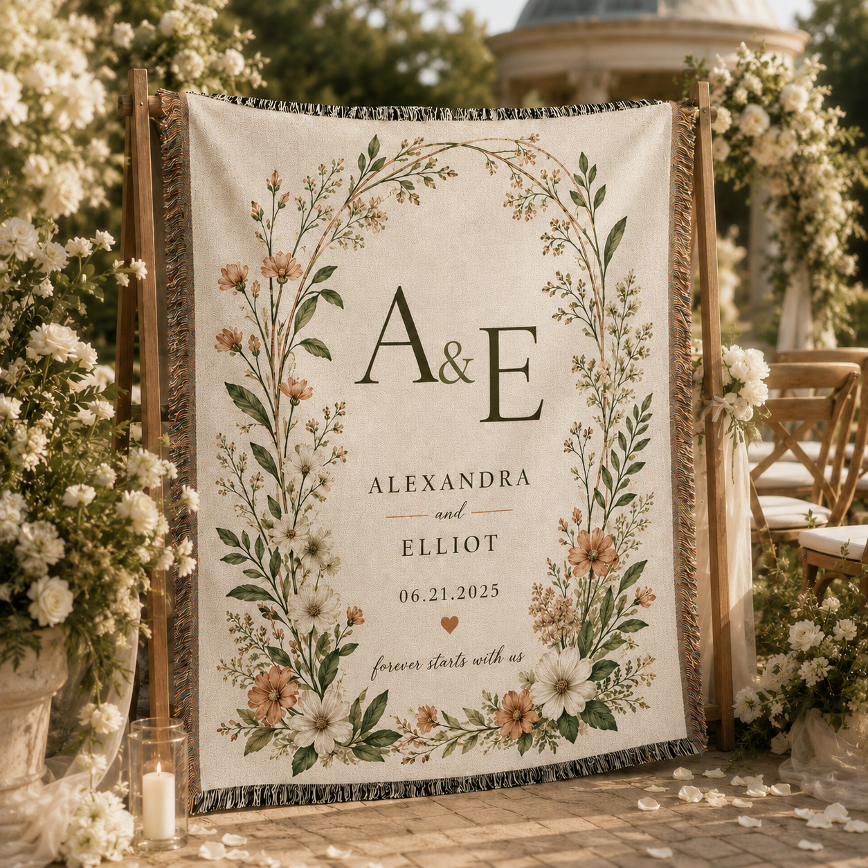 Personalized wedding woven blanket displayed at an elegant outdoor garden ceremony