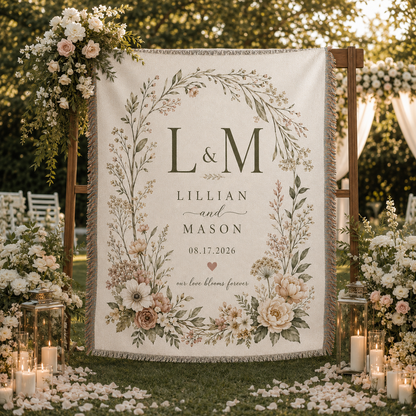 Personalized botanical wedding woven blanket displayed at an outdoor garden ceremony