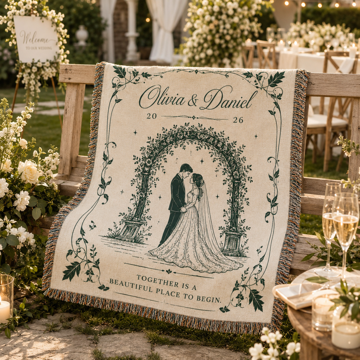 Personalized wedding woven blanket displayed at an outdoor garden reception