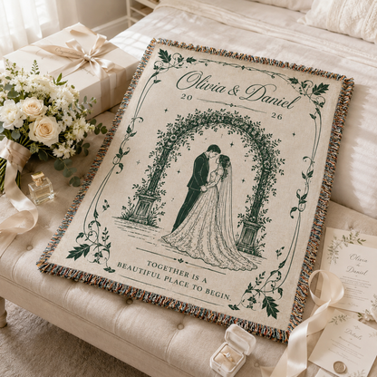 Personalized wedding woven blanket styled as an elegant wedding gift