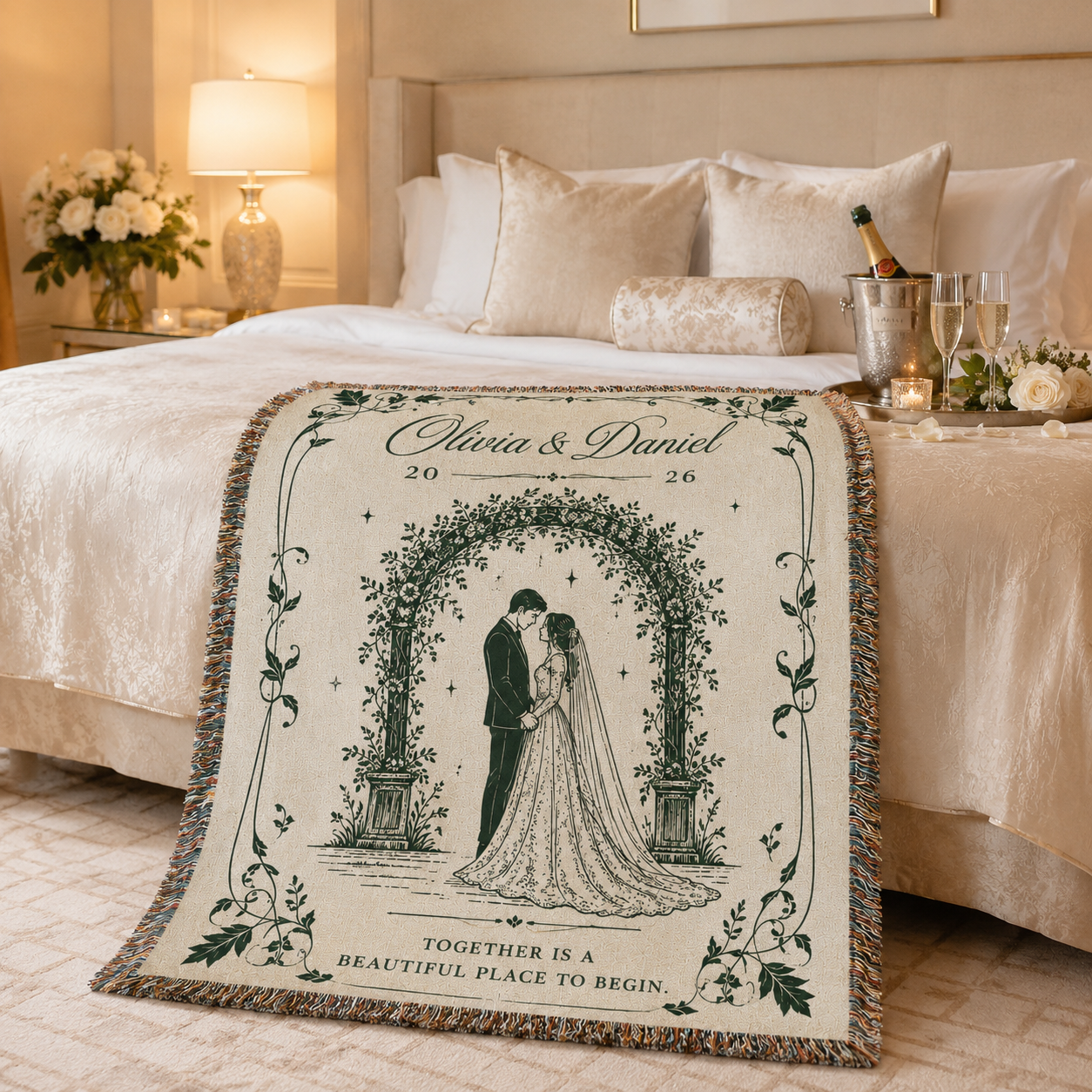 Personalized wedding woven blanket displayed in a romantic honeymoon suite