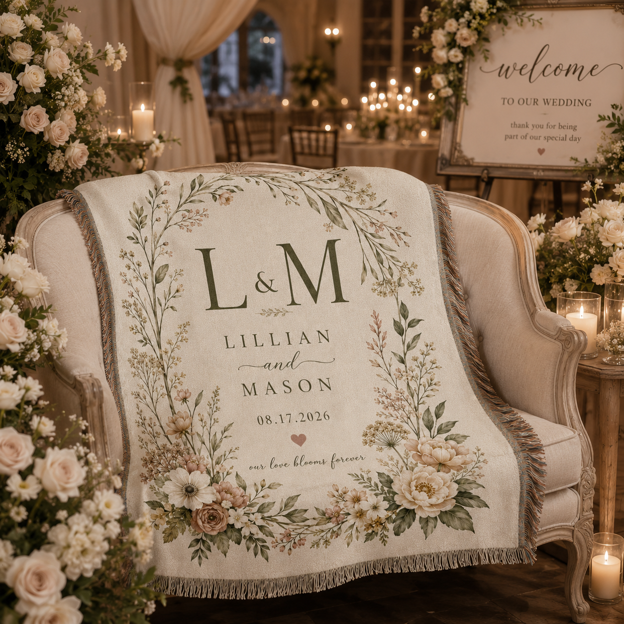 Personalized wedding woven blanket displayed in an elegant candlelit reception lounge