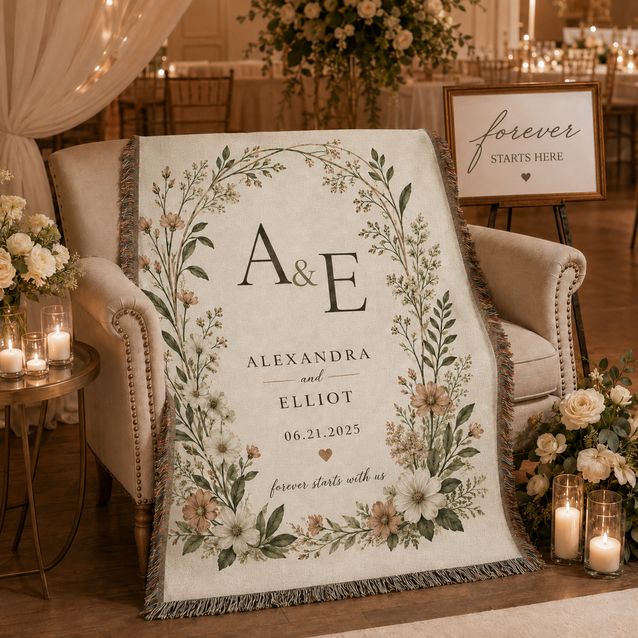 Personalized wedding woven blanket displayed in an elegant candlelit reception lounge