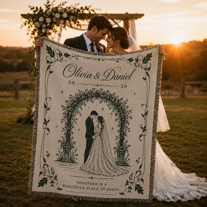 Bride and groom holding a personalized wedding woven blanket at sunset