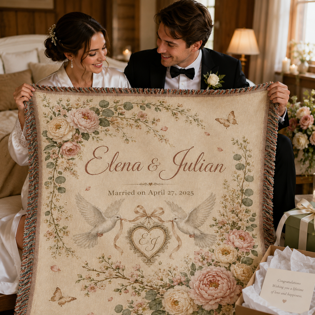 Bride and groom holding a personalized woven wedding blanket gift with names and wedding date