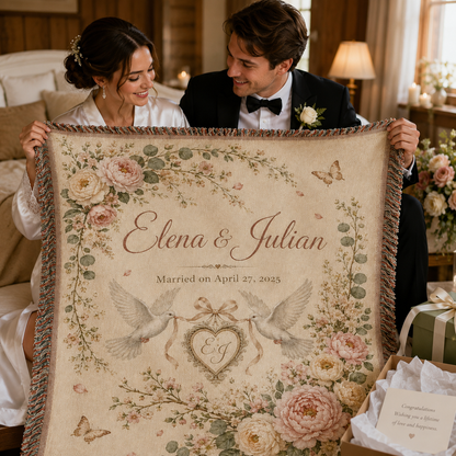 Bride and groom holding a personalized woven wedding blanket gift with names and wedding date