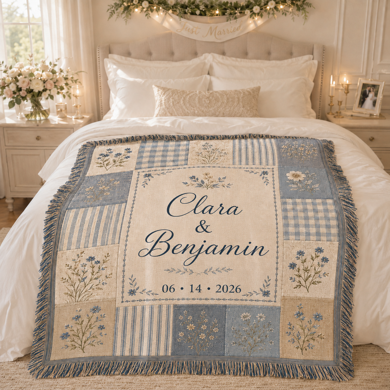 Personalized wedding woven blanket styled on a romantic bedroom bed