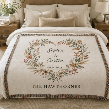 Personalized wedding woven blanket with couple names, wedding date and family name on a bed