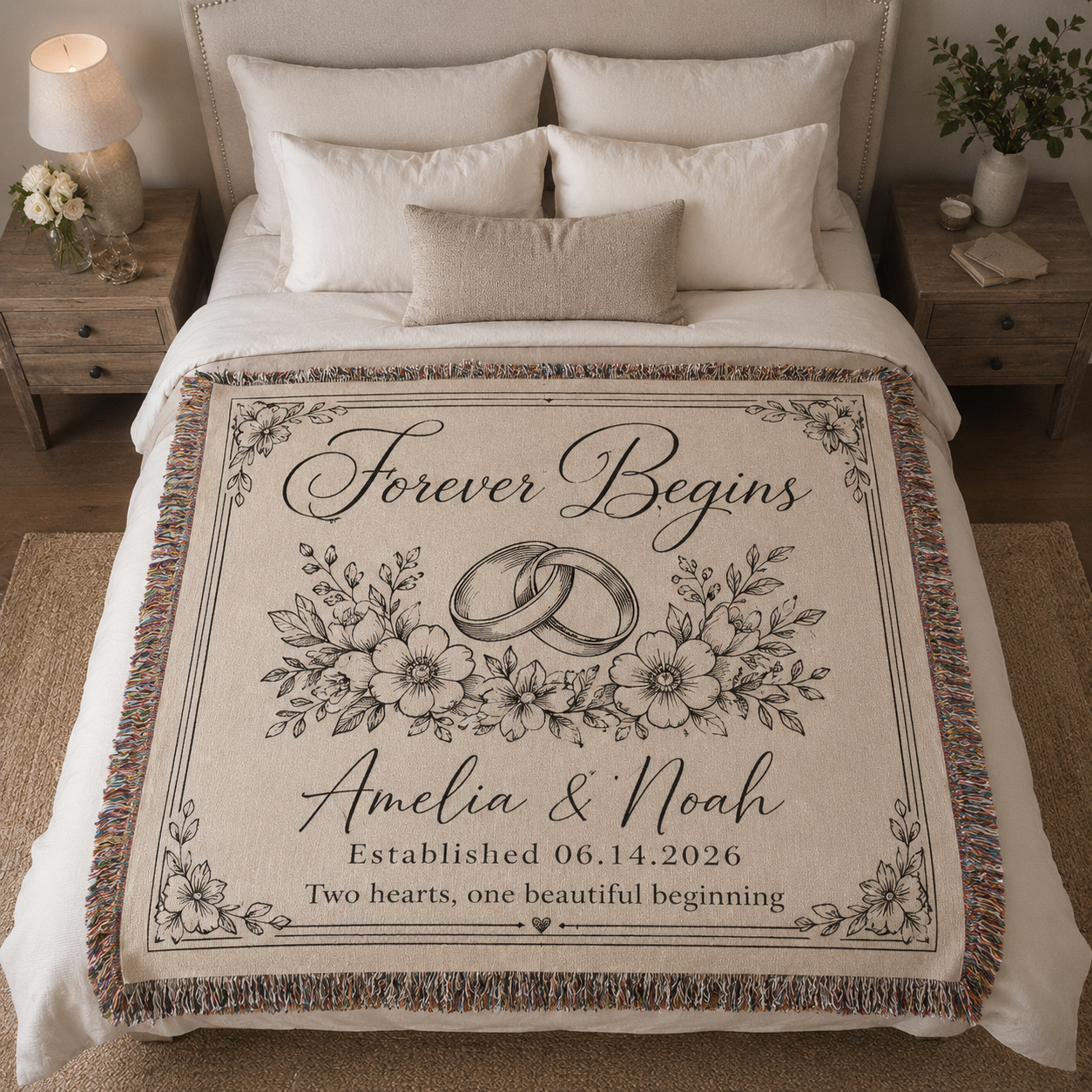 Personalized wedding woven blanket with couple names and wedding date displayed on a neutral bed