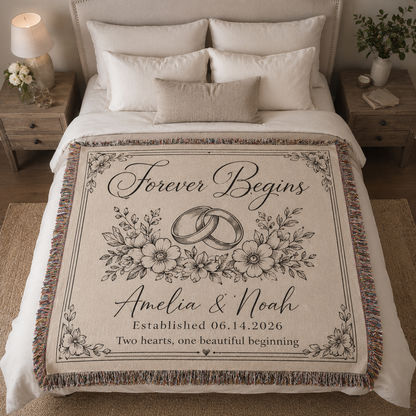 Personalized wedding woven blanket with couple names and wedding date displayed on a neutral bed