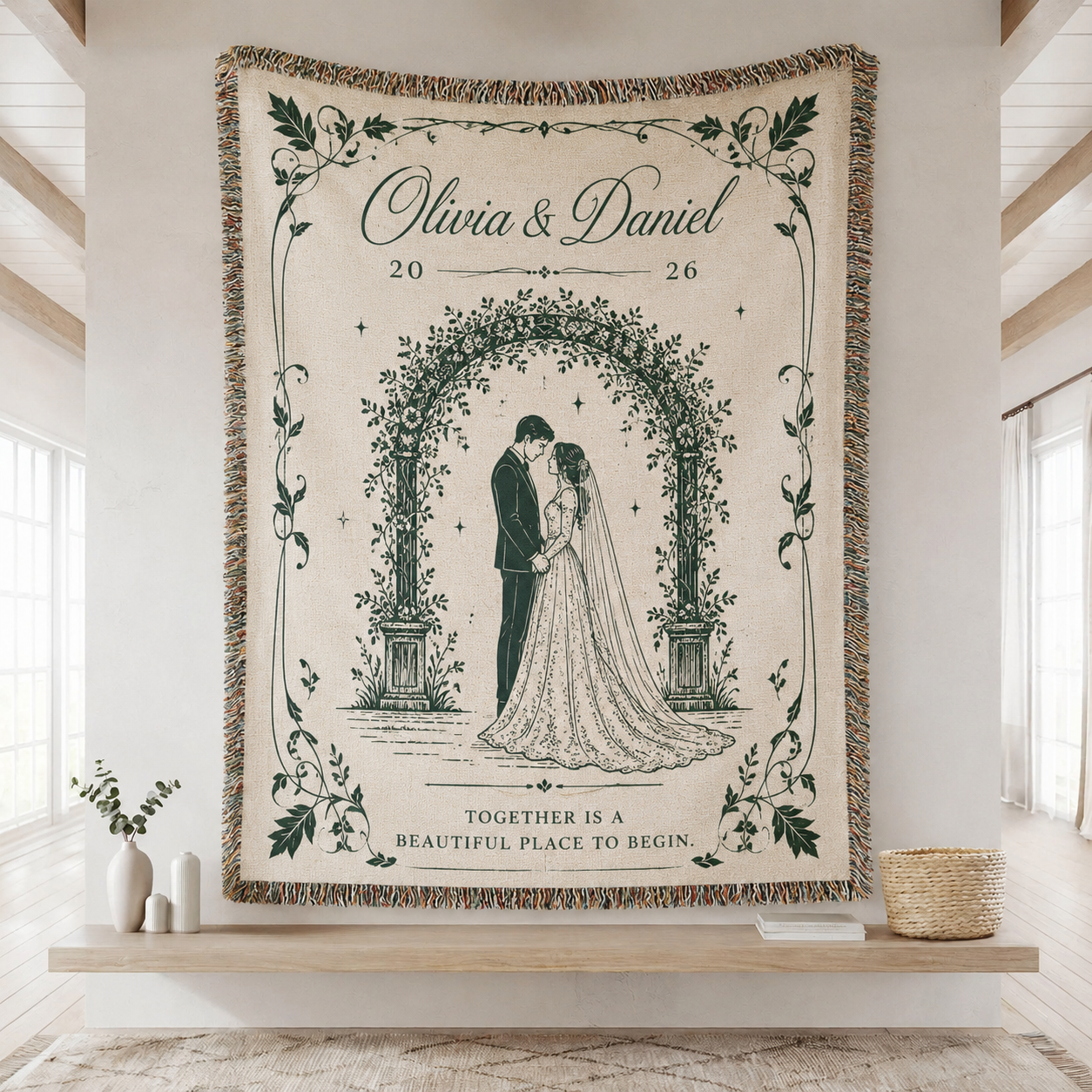 Personalized wedding woven blanket with couple names and floral arch design