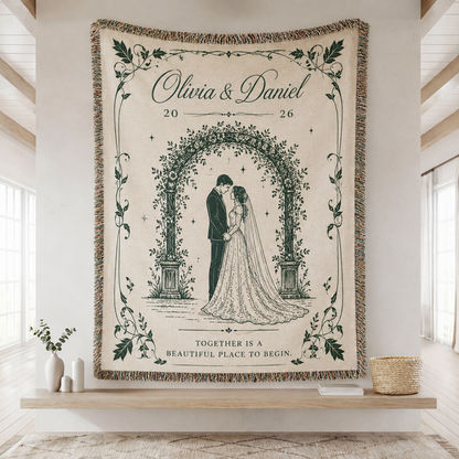 Personalized wedding woven blanket with couple names and floral arch design