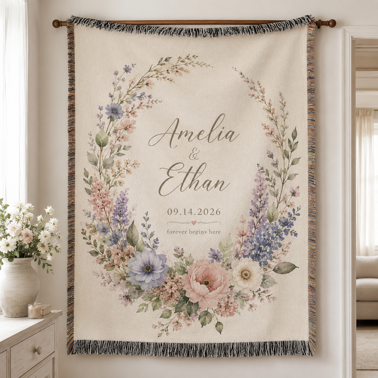 Personalized wedding woven blanket with floral wreath, couple names and wedding date