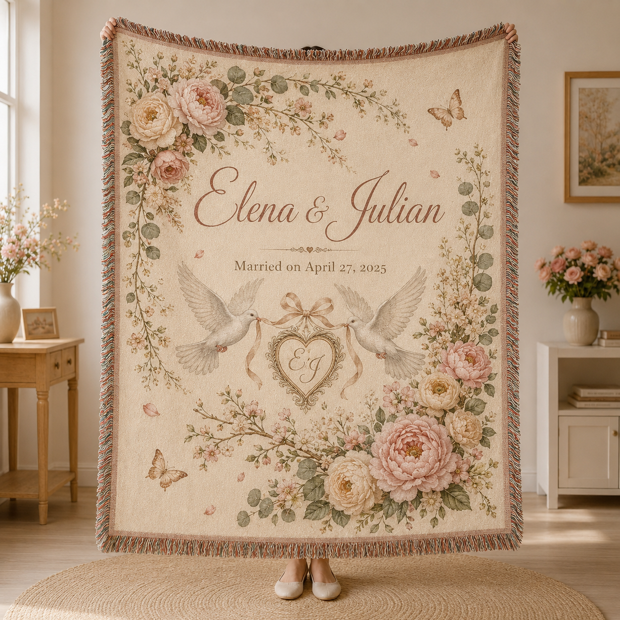 Personalized wedding woven blanket with couple names, wedding date, floral doves and heart crest