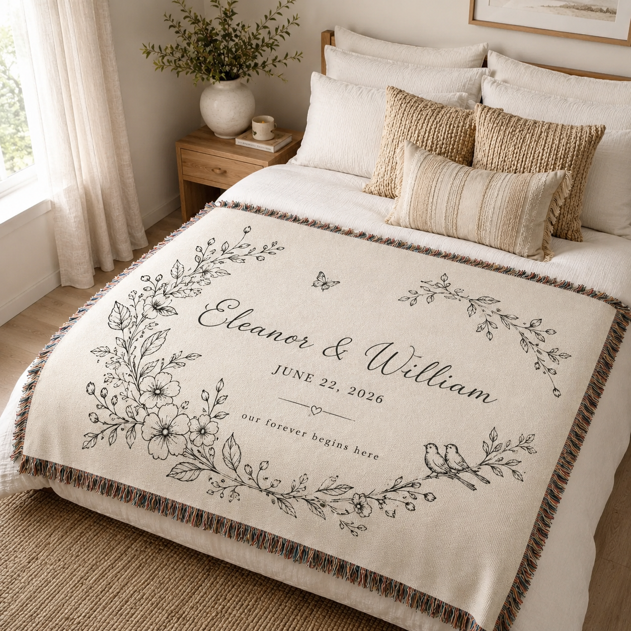 Personalized wedding woven blanket with couple names and wedding date on a neutral bed
