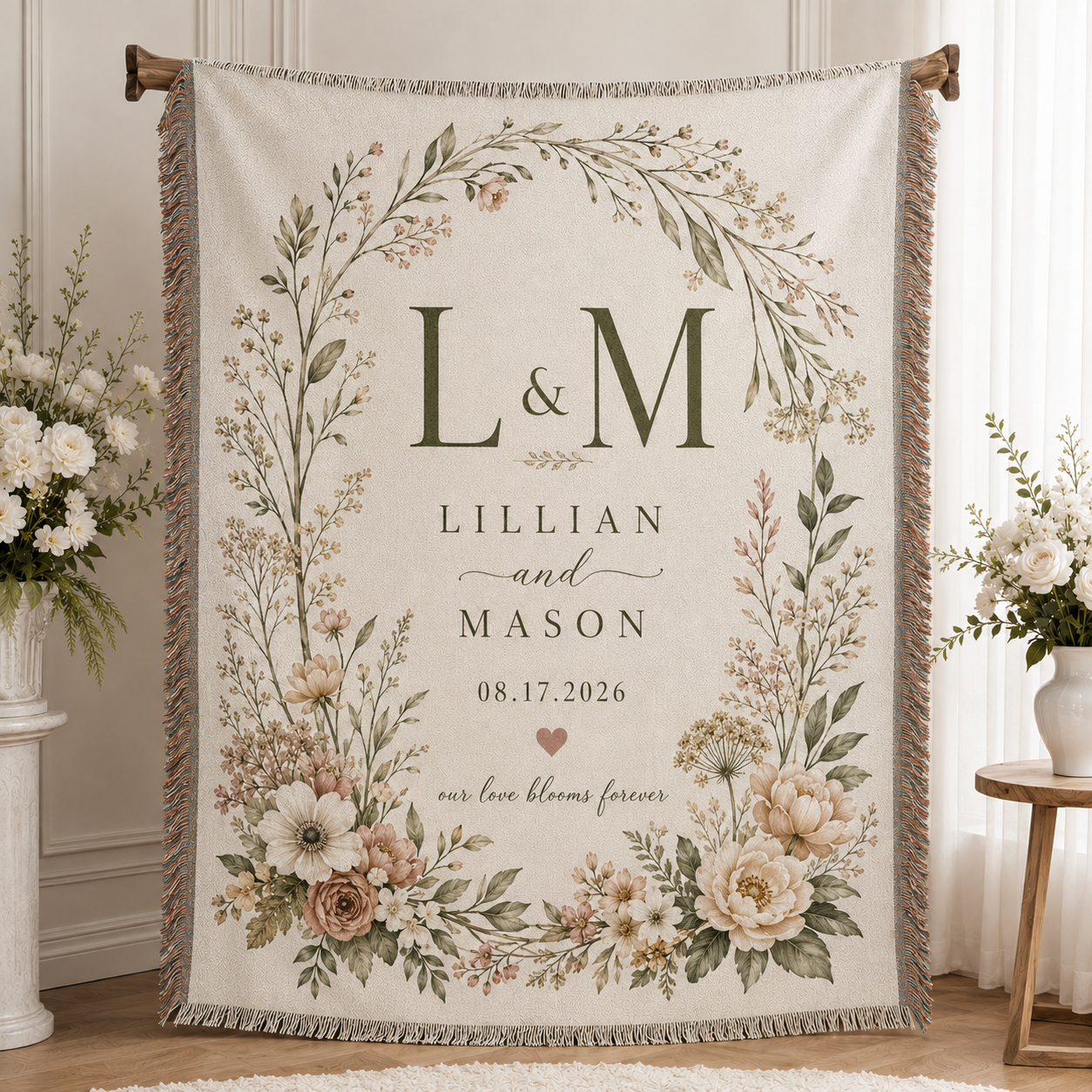 Personalized wedding woven blanket with L and M monogram, couple names, wedding date, and botanical floral design