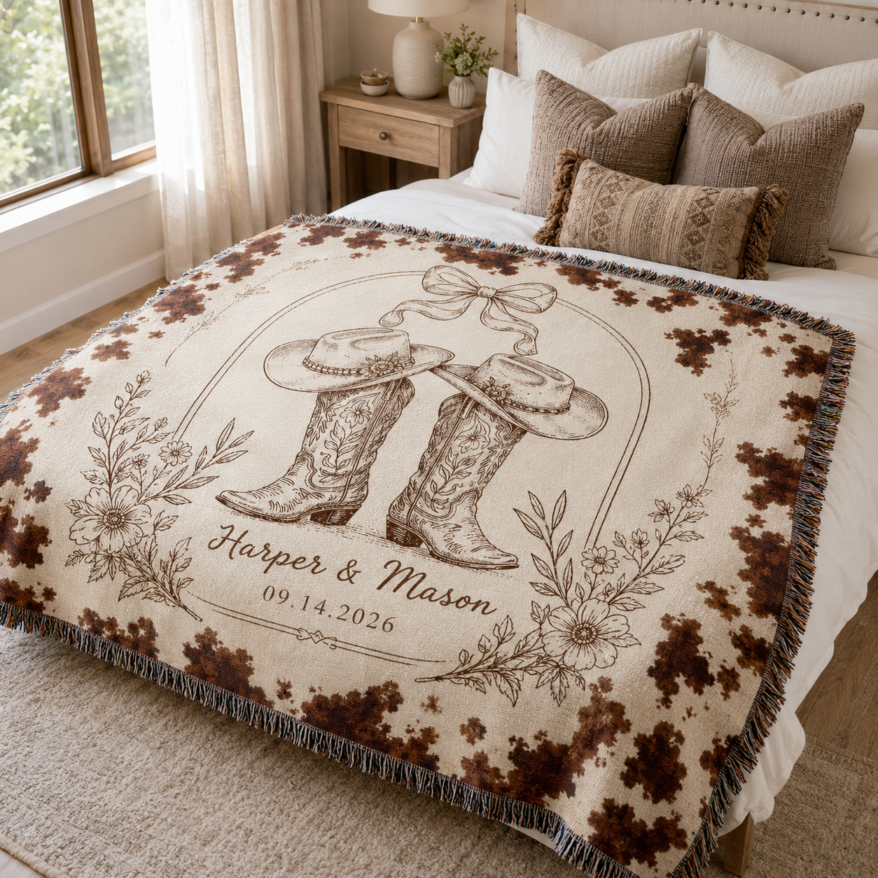 Personalized western wedding woven blanket with cowboy boots and couple names on a bed