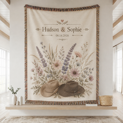 Personalized western wedding woven blanket with couple names, date, wildflowers and cowboy hats