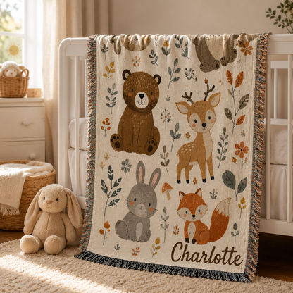 Personalized woodland animals woven blanket with child name Charlotte displayed on nursery crib