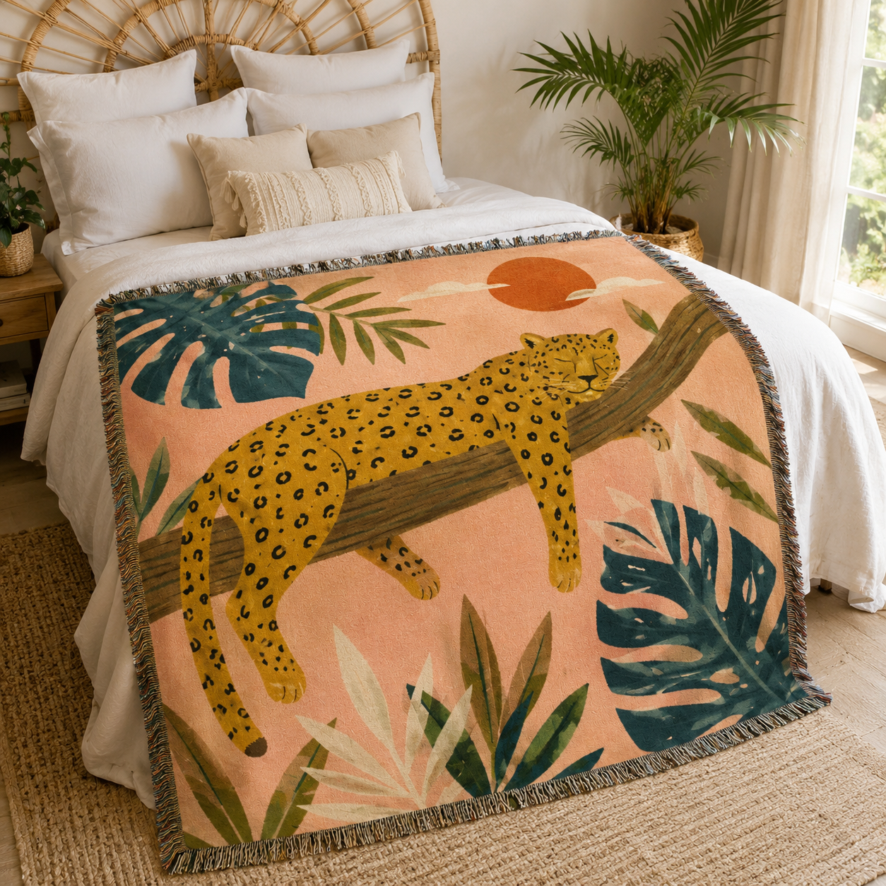 Tropical jaguar woven blanket styled on a boho bedroom bed