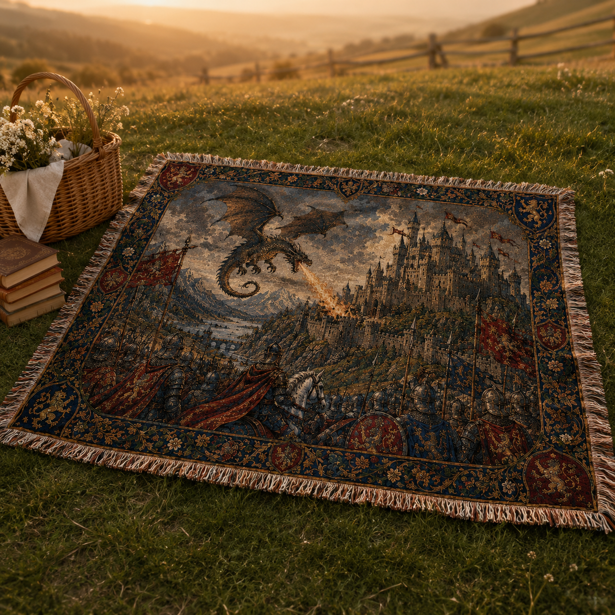 Dragon castle woven blanket laid outdoors at sunset