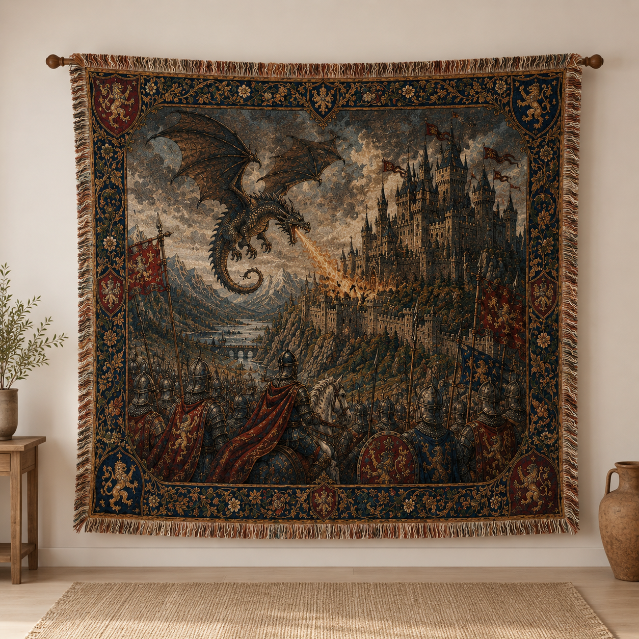 Dragon castle woven blanket displayed on a wall