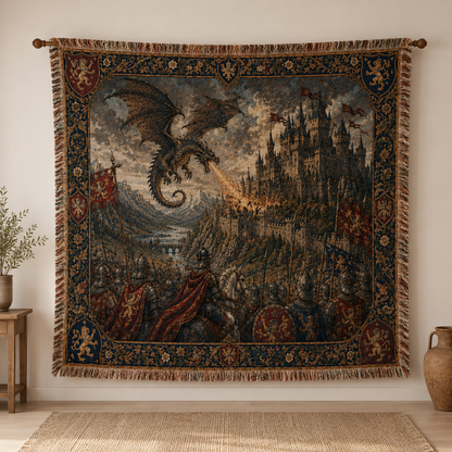 Dragon castle woven blanket displayed on a wall