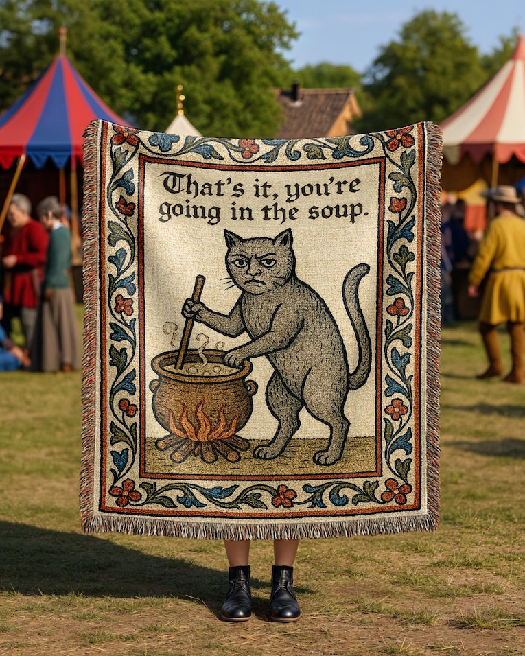 Funny medieval cat woven blanket product display