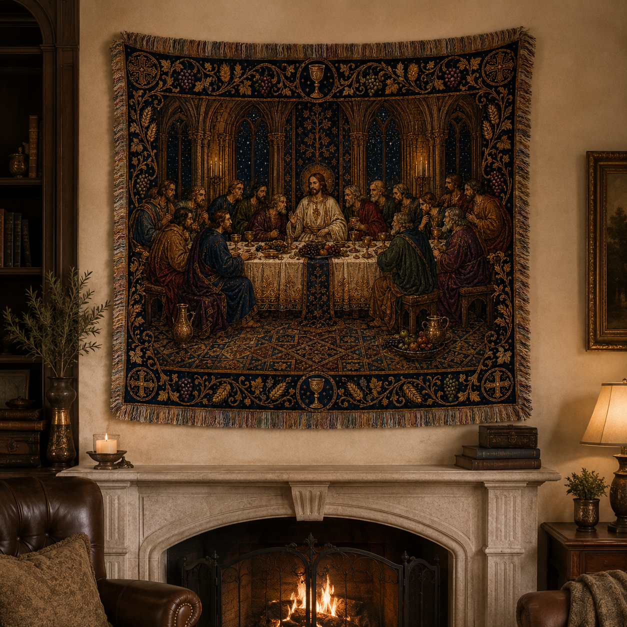 Sacred supper woven blanket displayed as wall decor above a fireplace