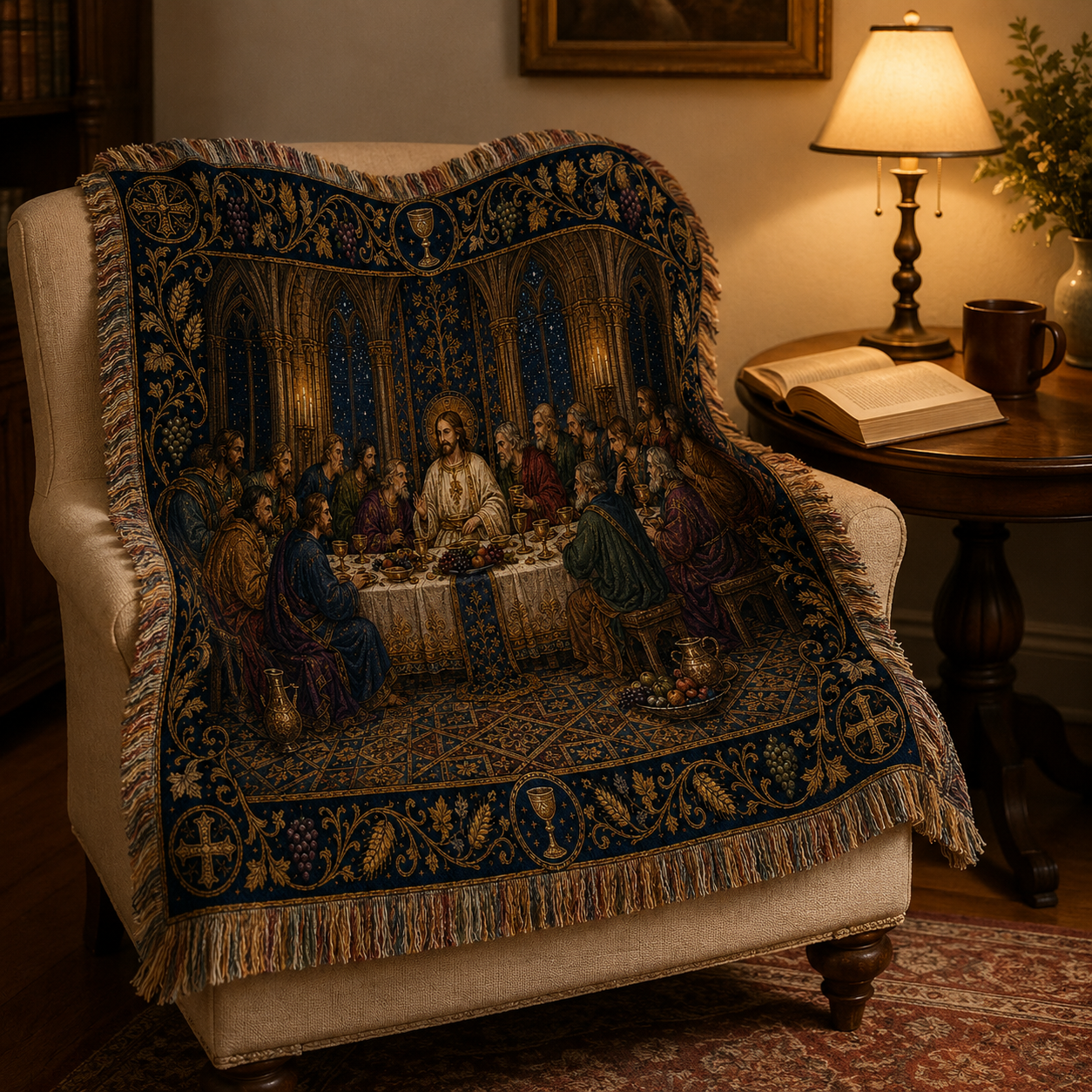 Sacred supper woven blanket styled in a cozy reading chair