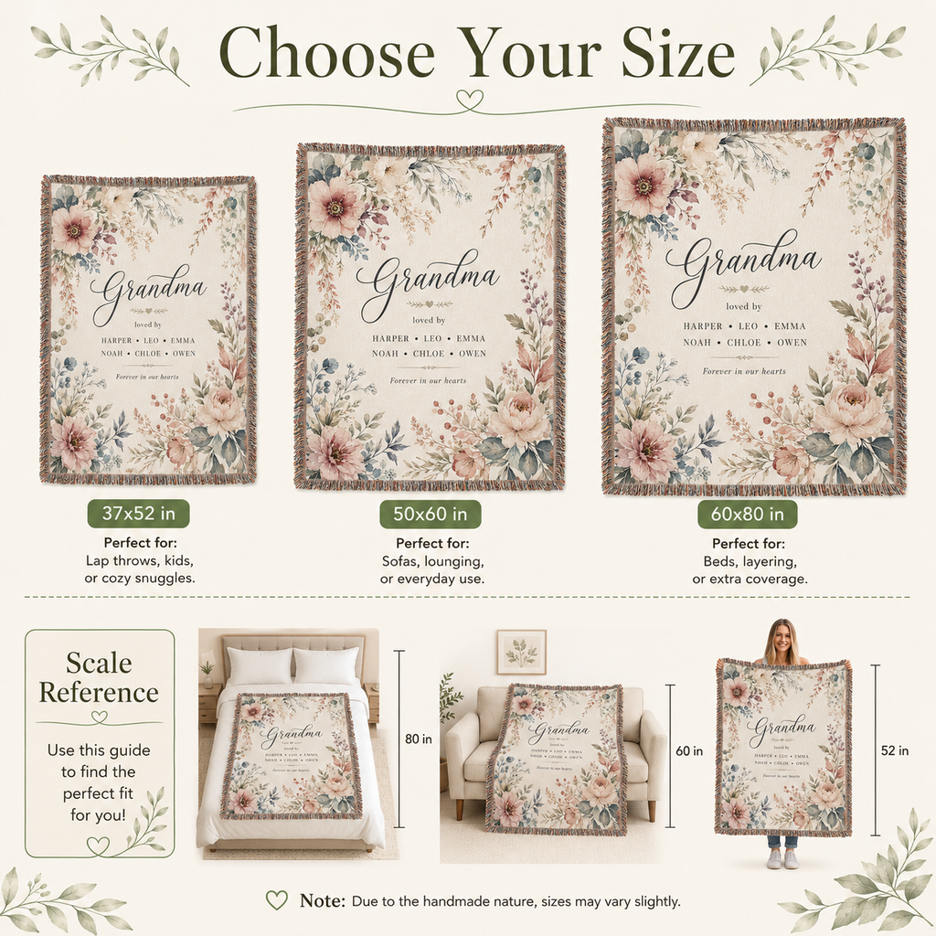 Personalized Grandma Woven Blanket with Grandkids Names – Floral Custom Throw Gift