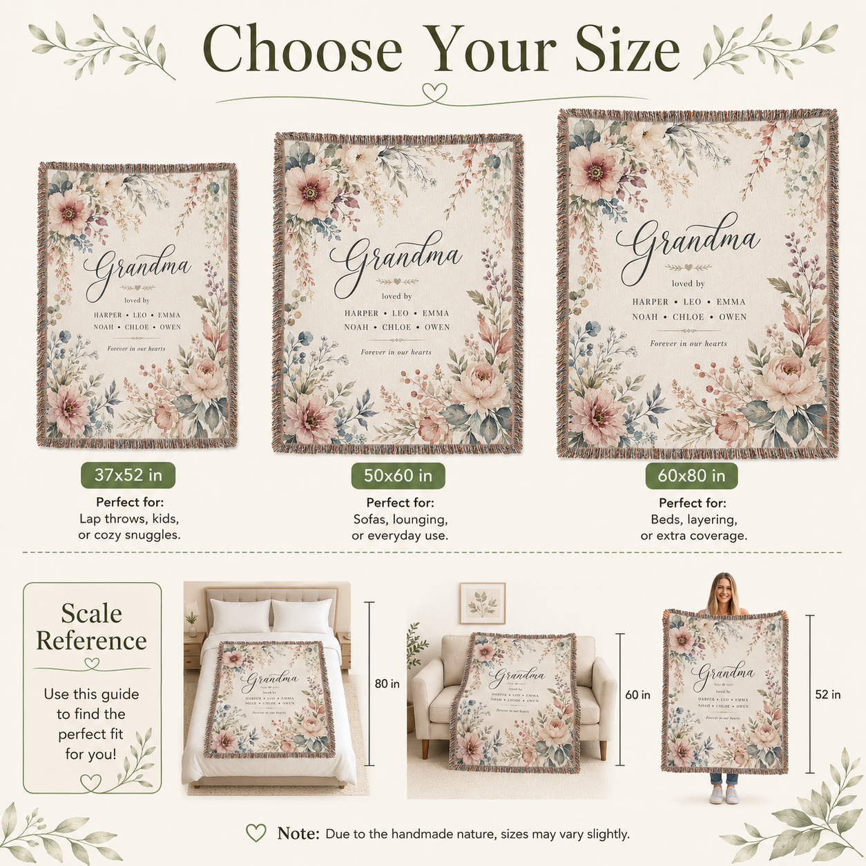 Personalized Grandma Woven Blanket with Grandkids Names – Floral Custom Throw Gift
