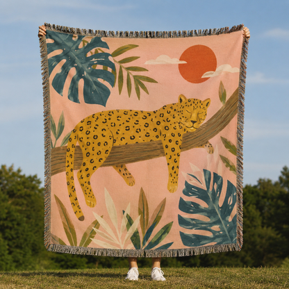 Tropical jaguar woven blanket full design view