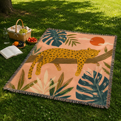 Tropical jaguar woven blanket used as outdoor picnic blanket
